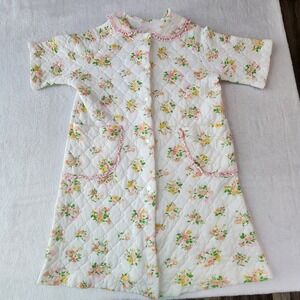 Vintage 1960s Quilted Floral Robe Womens Medium Ruffle Grandma Dressing Gown